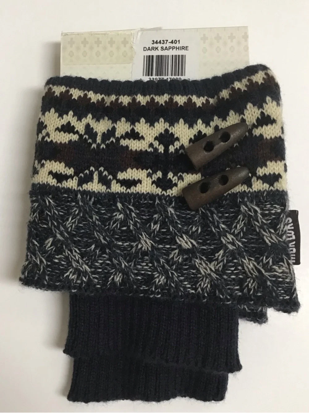Muk Luks Boot Toppers Knit Cuff Navy Blue Brown Argyle Wood Button Acrylic NEW